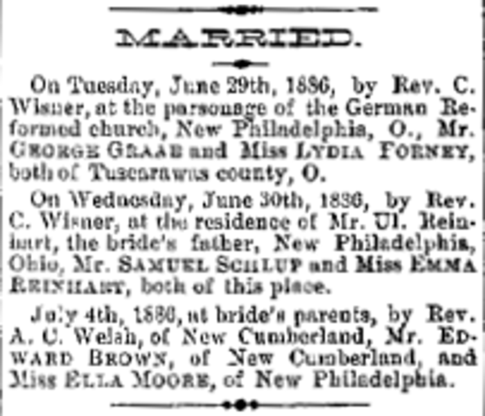 Announcement of Samuel Schlup's marriage to Emma Reinhart in the New Philadelphia newspaper, 8 July 1886. (Source: newspaperarchive.org)