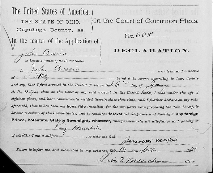 Record of John Crescio's naturalization in Cuyahoga County, Ohio, 13 October 1888. (Source: familysearch.org)