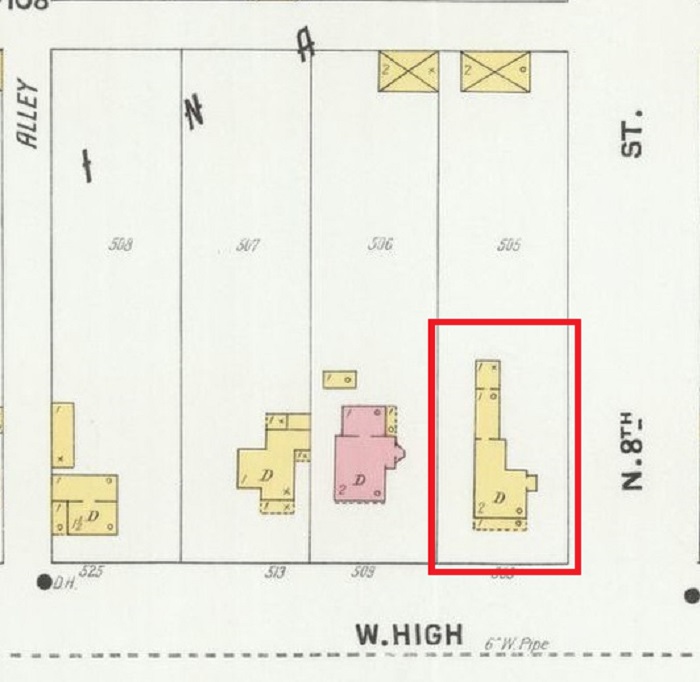 The Schlup House on West High Street depicted on the 1901 Sanborne Fire Insurance Map. (Source: loc.gov)