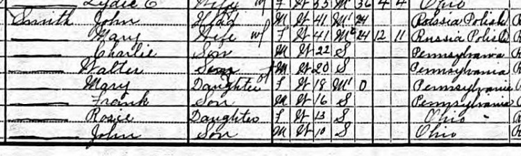 The a partial listing of the Smith family recorded in the 1910 Census. (Source: familysearch.org)
