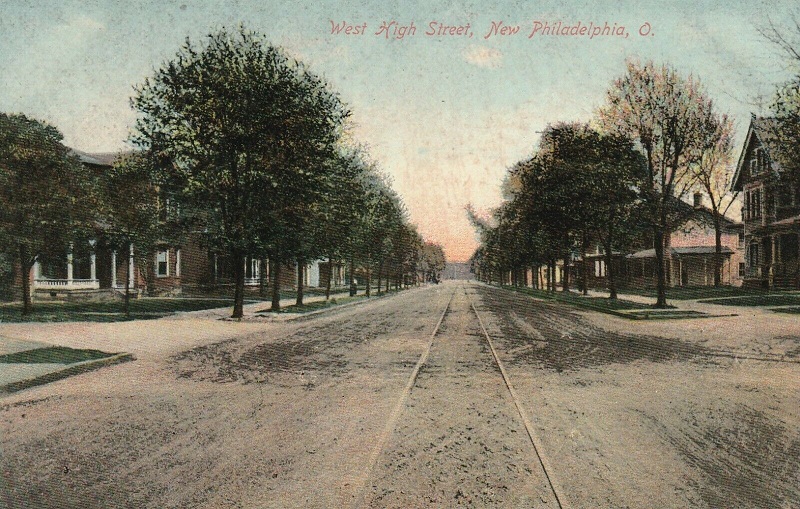 A tree-lined West High Street in New Philadelphia, 1910. (Source: ebay.com)