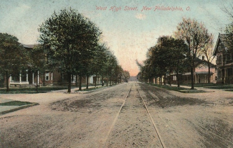 A tree-lined West High Street in New Philadelphia, 1910. (Source: ebay.com)