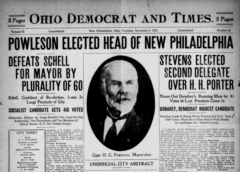 Newspaper headline announcing the election of Captain Oliver C. Powleson as Mayor of New Philadelphia, 9 November 1911. (Source: newspaperarchive.com)