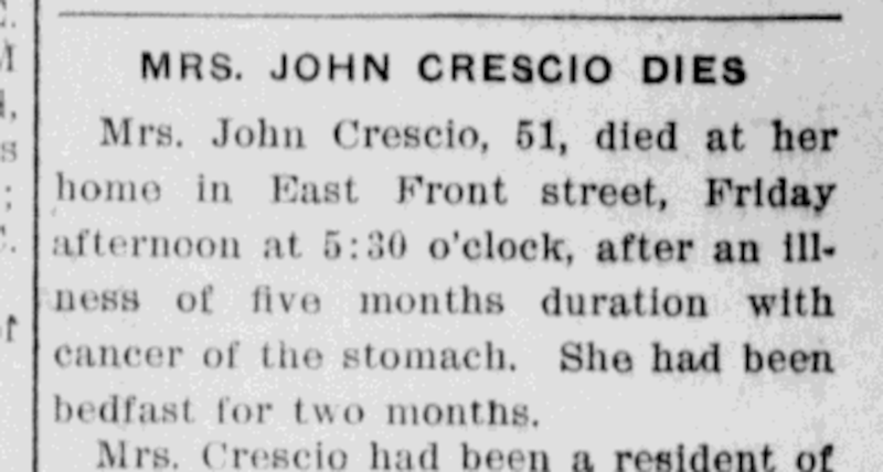 Rosa Massoni Crescio's death reported in the newspaper, 27 August 1914. (Source: newspaperarchive.org)