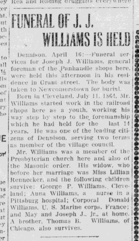Newspaper report of the funeral of Joseph J. Williams, 16 April 1918. (Source: newspaperarchive.com)