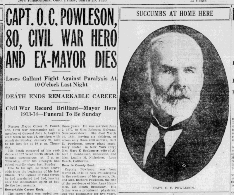 Newspaper report of the death of Captain Oliver C. Powleson, 23 March 1923. (Source: newspaperarchive.com)