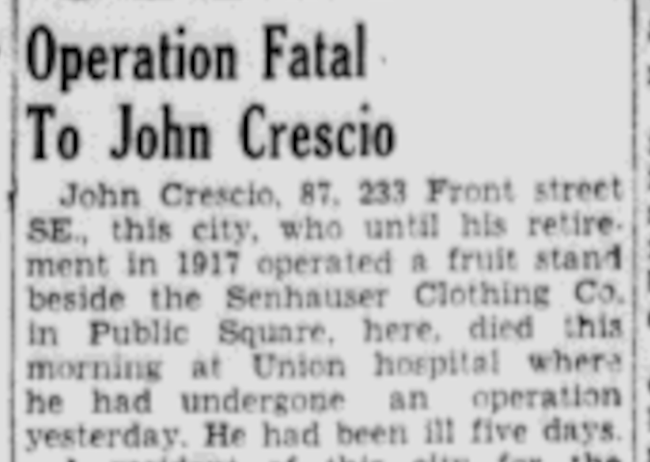 John Giovanni Crescio's death reported in the newspaper, 23 August 1944. (Source: newspaperarchive.org)