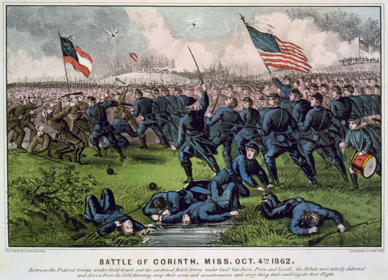 Rendition of the Second Battle of Corinth, Mississippi, second day (October 4, 1862), during the American Civil War. Hand-colored lithograph by Currier and Ives, 1862. Minor cropping and color correction by Hal Jespersen. (Source: loc.gov)