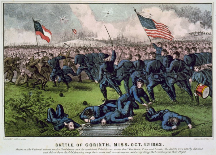 Rendition of the Second Battle of Corinth, Mississippi, second day (October 4, 1862), during the American Civil War. Hand-colored lithograph by Currier and Ives, 1862. Minor cropping and color correction by Hal Jespersen. (Source: loc.gov)