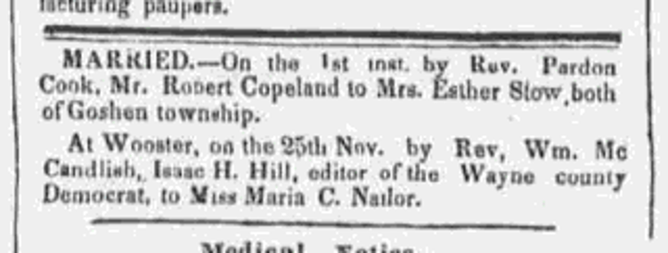 Esther Stow's marriage to Robert Copeland reported in the New Philadelphia newspaper, 9 December 1841. (Source: newspaperarchive.org)