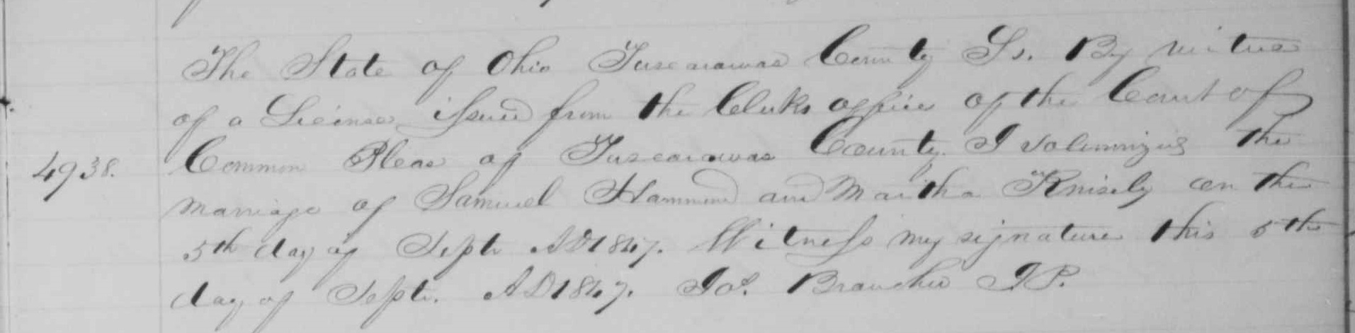 Record of the marriage of Samuel Hammond and Martha Knisely, September 1847. (Source: familysearch.org)