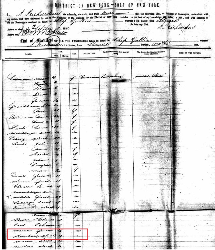 Record of Ulrich Rinehart's arrival in New York aboard the Ship Gallia, October 1852. (Source: ancestry.com)