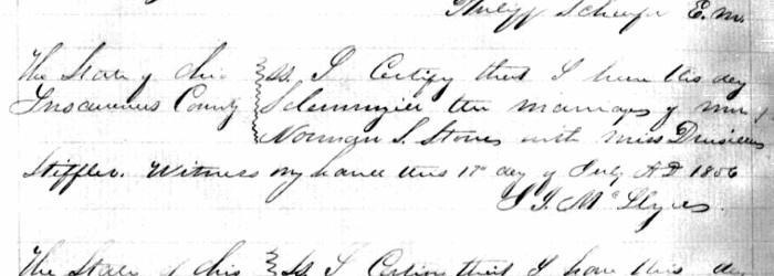 Record of the marriage of Norman Stow and Druscilla Stiffler, July 1856. (Source: familysearch.org)