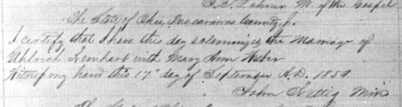Record of the marriage of Ulrich Rinehart and Margaret "Mary" Ann Weber, September 1859. (Source: familysearch.org)