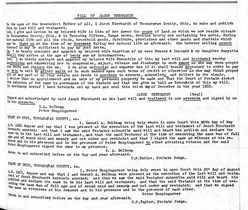 The last will and testament of Jacob Eberhardt (transcribed) in the Tuscarawas County Will Records, December 1860. (Source: ancestry.com)