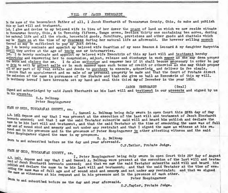 The last will and testament of Jacob Eberhardt (transcribed) in the Tuscarawas County Will Records, December 1860. (Source: ancestry.com)