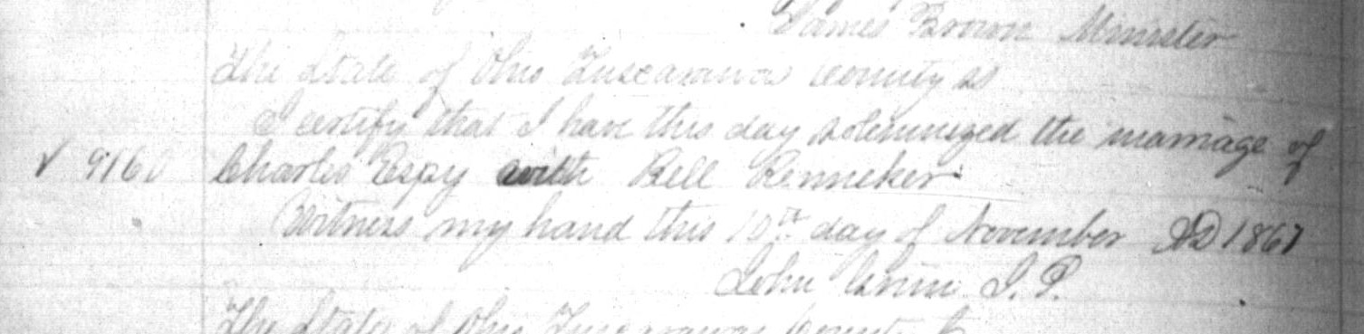 Record of the marriage of Charles Espich and Isabella Reneker, November 1861. (Source: familysearch.org)