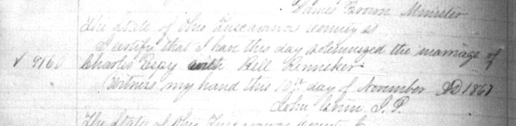 Record of the marriage of Charles Espich and Isabella Reneker, November 1861. (Source: familysearch.org)