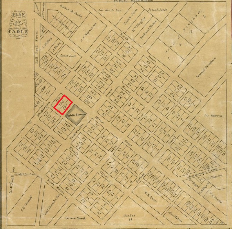 Map of Cadiz, Ohio showing James L. Manley's city lots outlined in red, 1862. (Source: loc.gov)