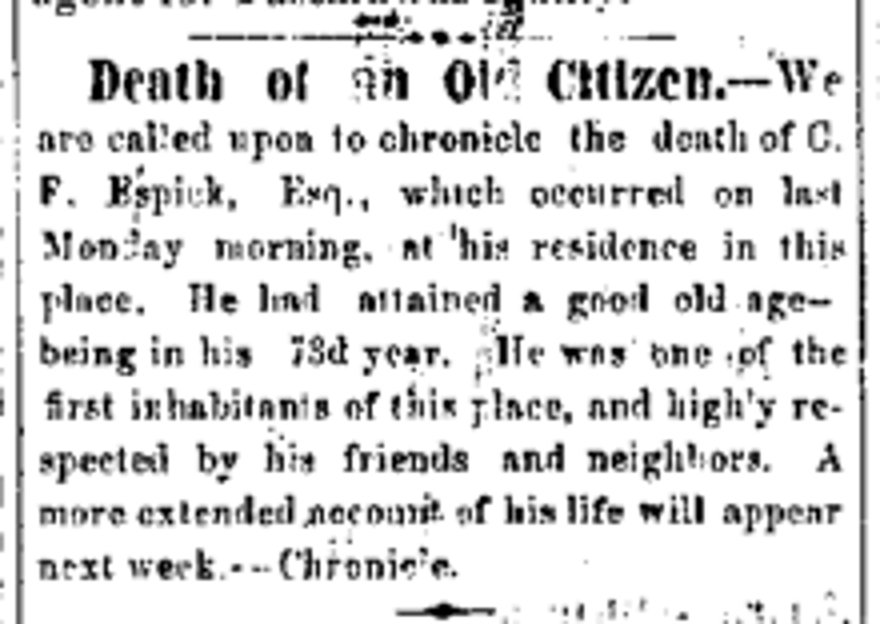Newspaper report of the death of Charles F. Espich, October 1868. (Source: newspaperarchive.org)
