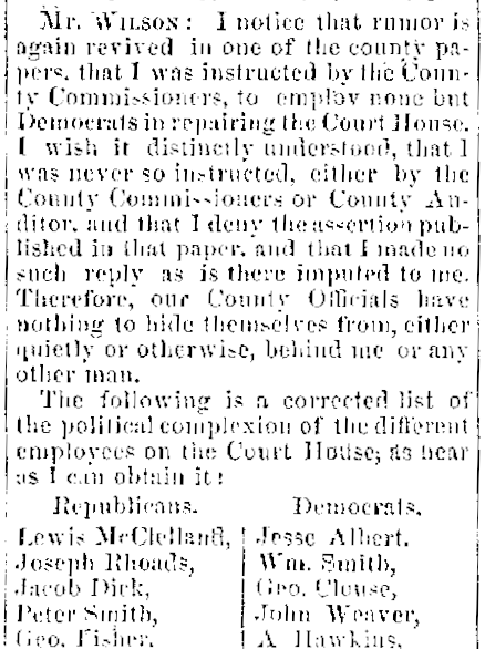 Jacob Dick recorded as one of the craftsman employed to undertake work on the Tuscarawas County courthouse, July 1868. (Source: newspaperarchive.org)