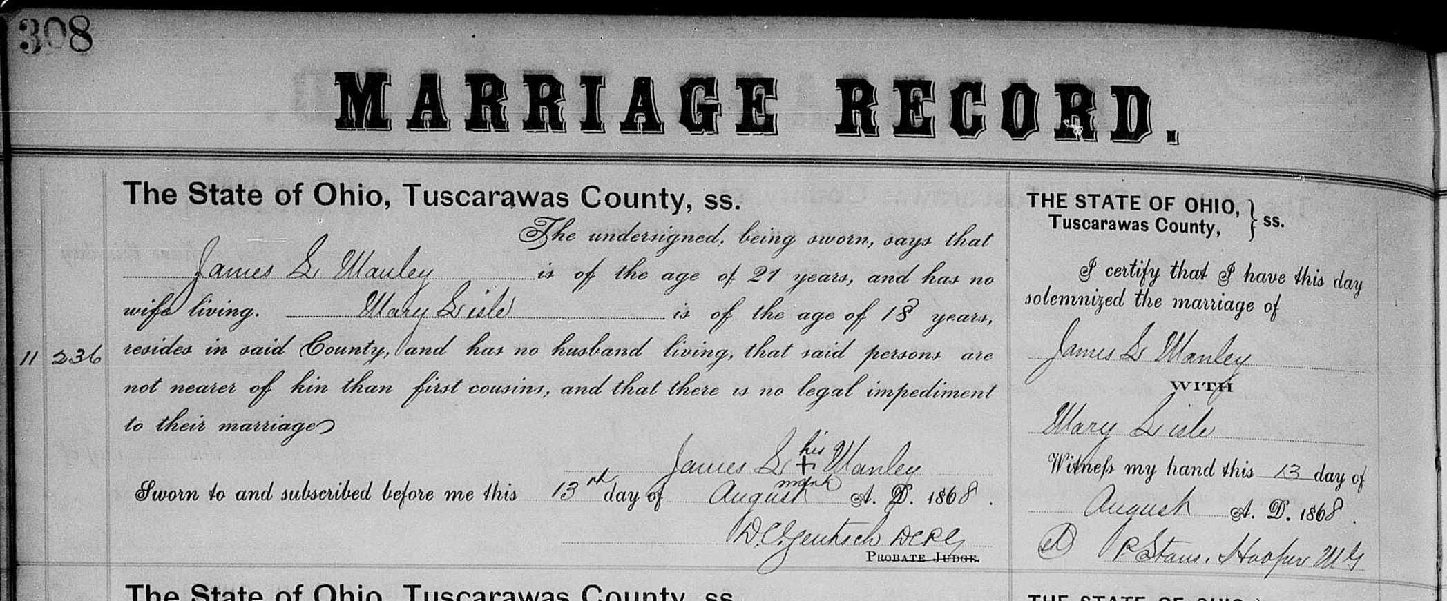 Record of the marriage of James L. Manley and Mary Lisle, August 1868. (Source: familysearch.org)