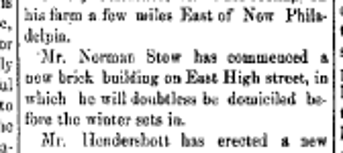Announcement of the construction of the Stow House on East High Street in the New Philadelphia newspaper, September 1877. (Source: newspaperarchive.org)