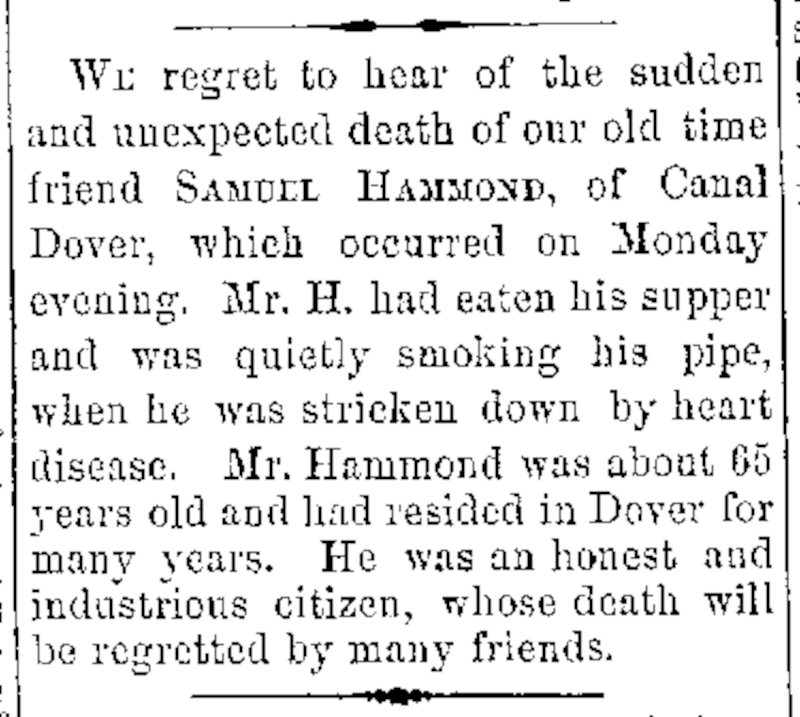New of Samuel Hammon's death reported in the New Philadelphia newspaper, September 1878. (Source: newspaperarchive.com)