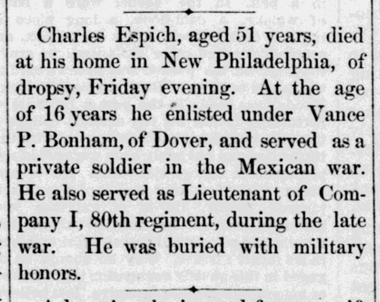 Newspaper report of the death of Charles Espich, May 1882. (Source: newspaperarchive.org)