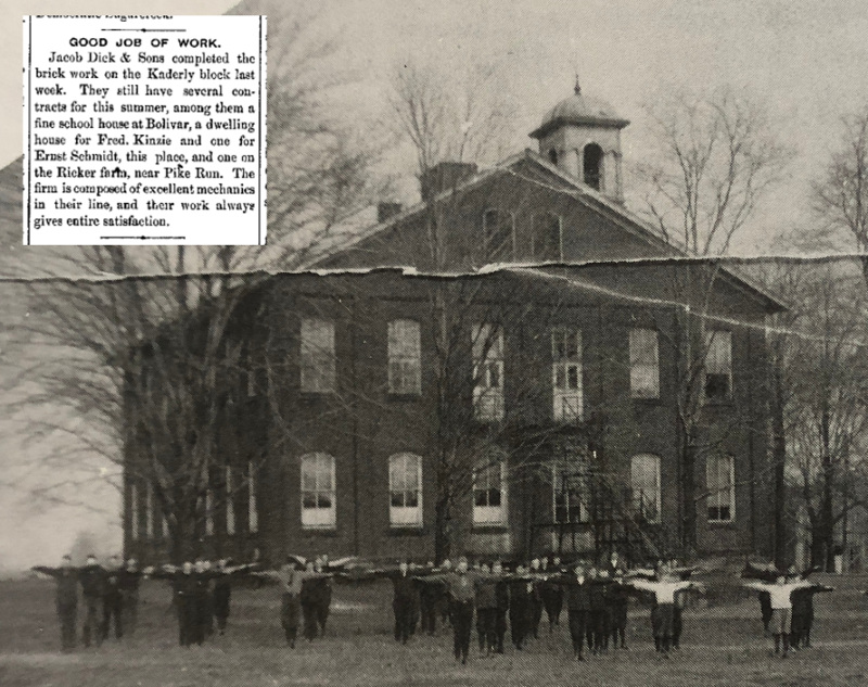The Bolivar School constructed by Jacob Dick & Sons, 1883 with newspaper article detailing constructions. (Source: History of the Schools in Tuscarawas County, Ohio published in 1993 and newspaperarchive.org)