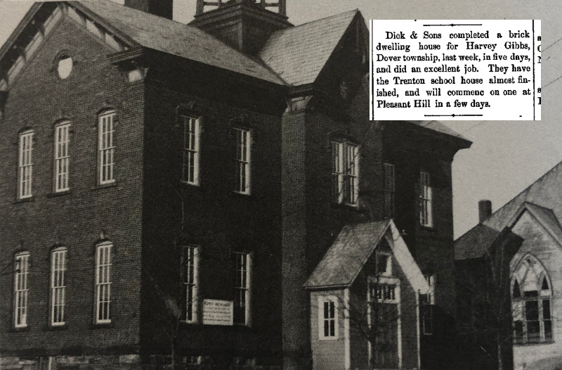 The Trenton School constructed by Jacob Dick & Sons, 1884 with newspaper article detailing constructions. (Source: History of the Schools in Tuscarawas County, Ohio published in 1993 and newspaperarchive.org)