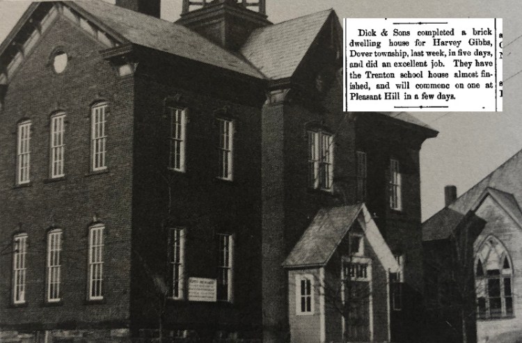 The Trenton School constructed by Jacob Dick & Sons, 1884 with newspaper article detailing constructions. (Source: History of the Schools in Tuscarawas County, Ohio published in 1993 and newspaperarchive.org)