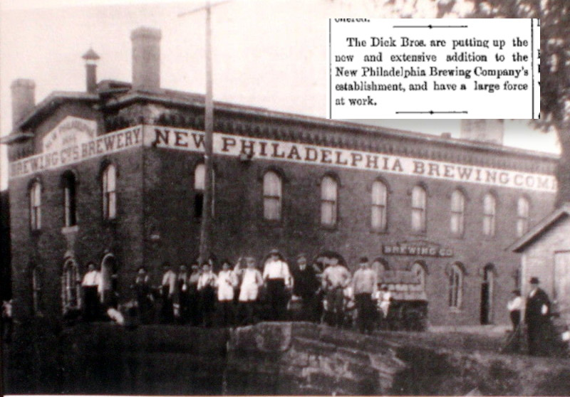 The New Philadelphia Brewery worked on Dick Brothers, 1884 with newspaper article detailing constructions. (Source: eBay.com and newspaperarchive.org)