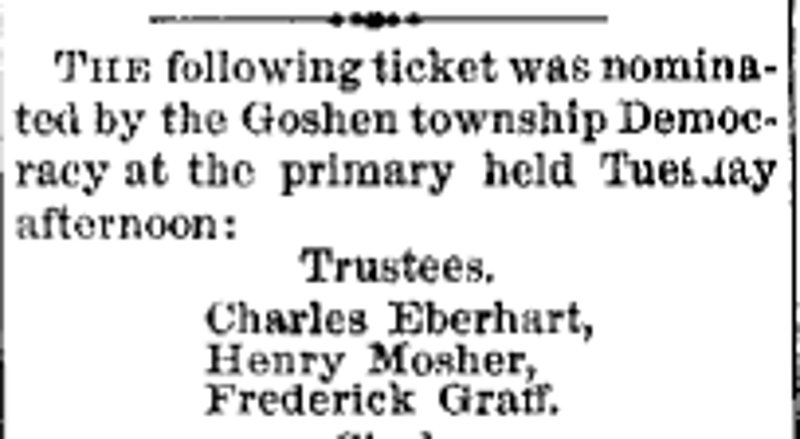 Charles Eberhardt reported as nominee for Goshen Township Trustee in the New Philadelphia newspaper, April 1885. (Source: newspaperarchive.org)