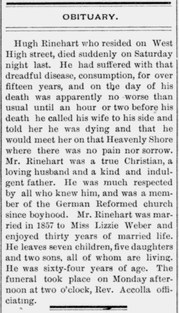 Ulrich "Hugh" Rinehart's obituary in the New Philadelphia newspaper, 17 November 1887. (Source: newspaperarchive.org)