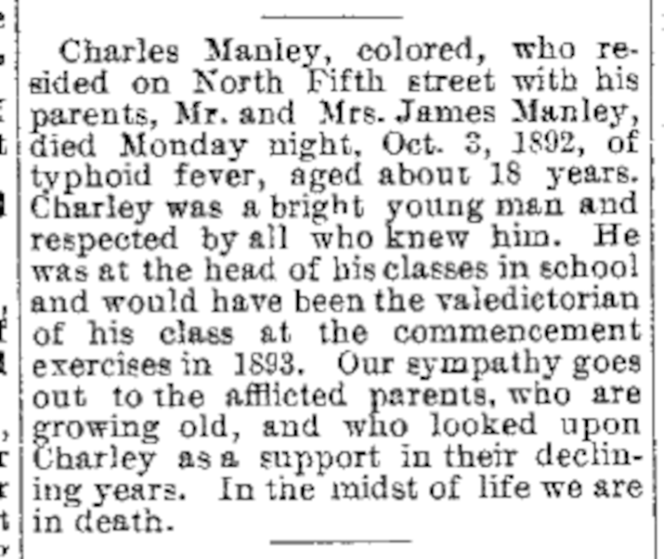 The death of James and Mary Manley's son Charles Manley reported in the New Philadelphia newspaper, October 1892. (Source: newspaperarchive.org)