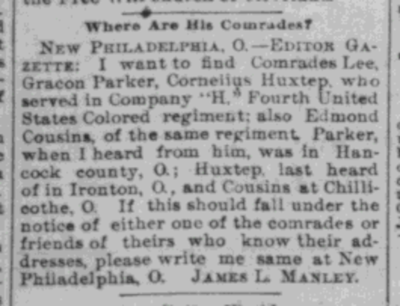 Article in the Cleveland Gazette submitted by James Manley in search of his Civil War comrades, April 1893. (Source: newspaperarchive.org)