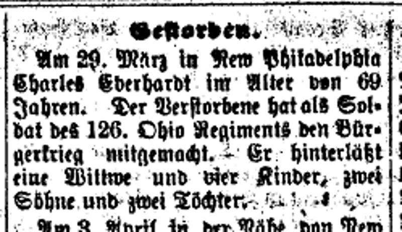 Charles Eberhardt's death reported in the local German-language newspaper Der Deutsche Beobachter, April 1899. (Source: genealogybank.com)