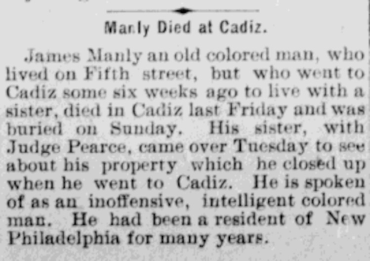 The report of James Manley's death in the New Philadelphia newspaper, July 1901. (Source: newspaperarchive.org)