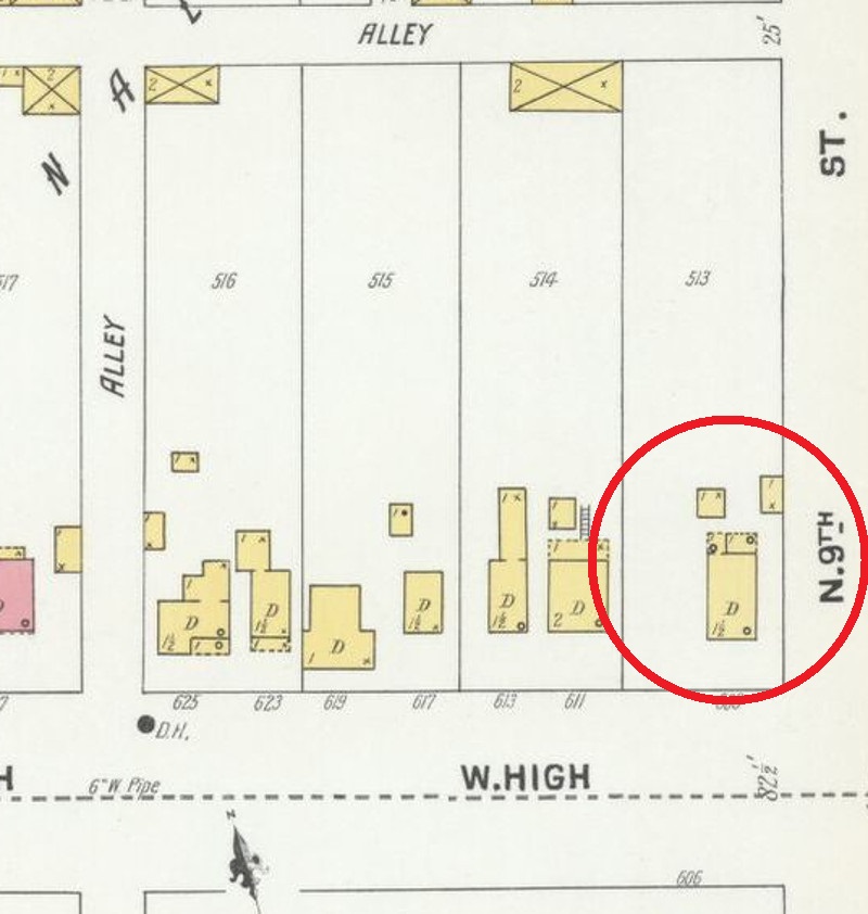 The Rinehart house depicted on the 1901 Sanborne Fire Insurance Map. (Source: loc.gov)