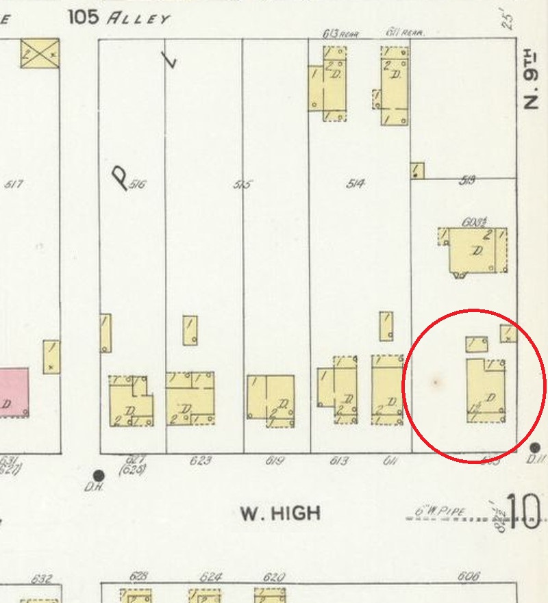 The Rinehart house depicted on the 1910 Sanborne Fire Insurance Map showing the home's new front porch. (Source: loc.gov)