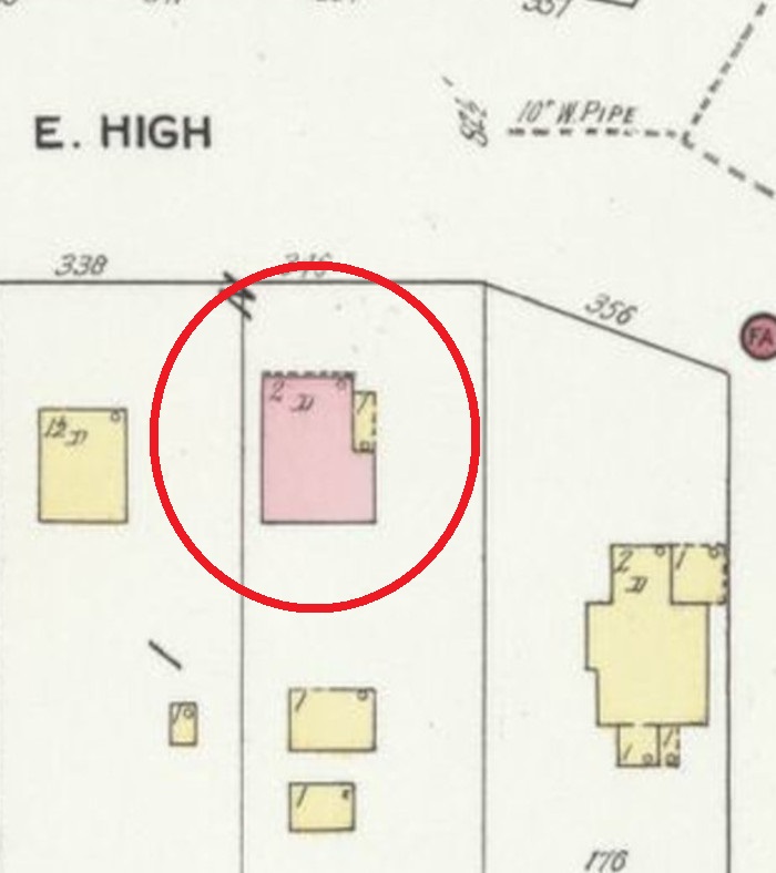 The Stow House on East High depicted on the 1910 Sanborne Fire Insurance Map. (Source: loc.gov)