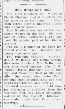 Mary Rinehart's obituary from the New Philadelphia newspaper, 5 April 1917. (Source: newspaperarchive.org)