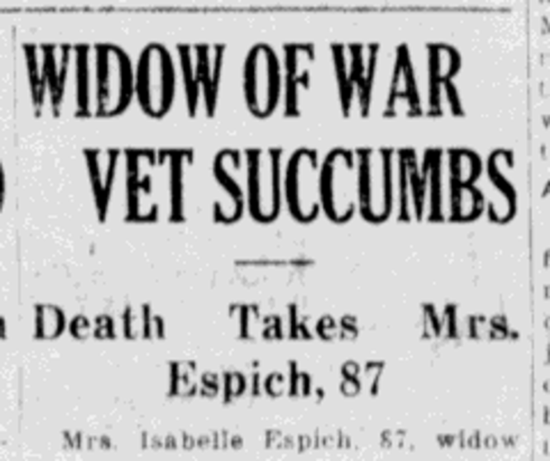 Isabella Espich's death reported in the New Philadelphia newspaper, March 1926. (Source: newspaperarchive.org)