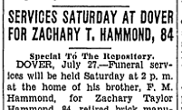Zachary Taylor Hammond's death reported in the Canton newspaper, July 1934. (Source: genealogy.com)