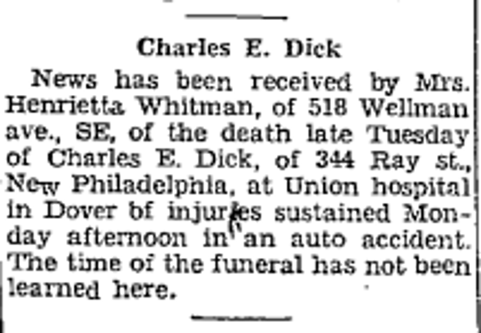 News of Charles E. Dick's death reported in the Massillon Evening Independent newspaper, October 1941. (Source: newspaperarchive.org)