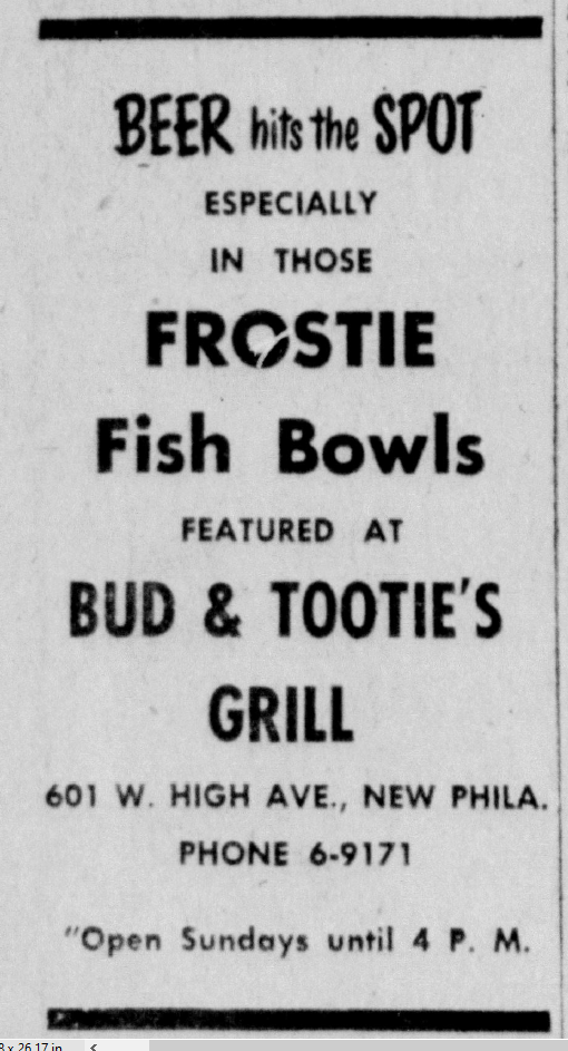 Advertisement for Bud & Tooties Grill, that incorporated the Rinehart House, from the New Philadelphia Daily Times, September 1960. (Source: newspaperarchive.org)
