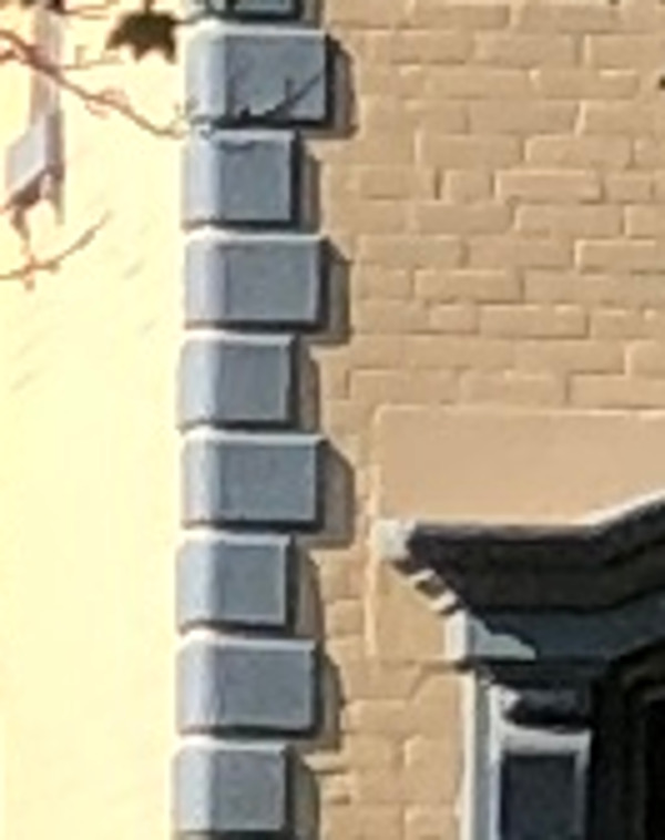 Detail of the quoining on the exterior corners of the Stow House, 2022.