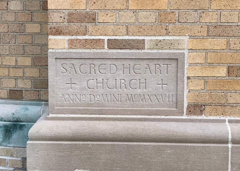 New Philadelphia's Sacred Heart Catholic Church's cornerstone, laid by Charles E. Dick in August 1927, 2022.