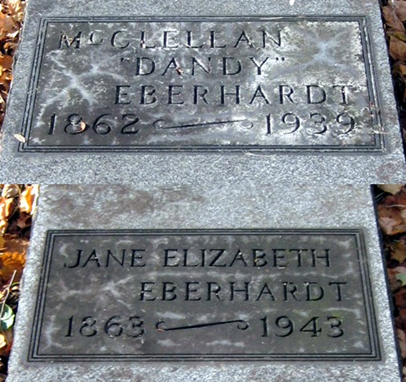 McClelland and Jennie Eberhardt's headstones in the Fair Street Cemetery, 2012. (Source: findagrave.com)